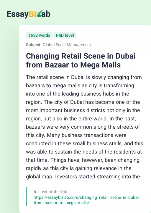 Changing Retail Scene in Dubai from Bazaar to Mega Malls - Essay Preview