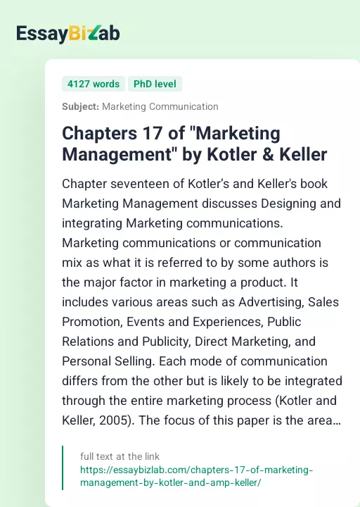 Chapters 17 of "Marketing Management" by Kotler & Keller - Essay Preview