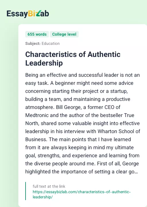 Characteristics of Authentic Leadership - Essay Preview