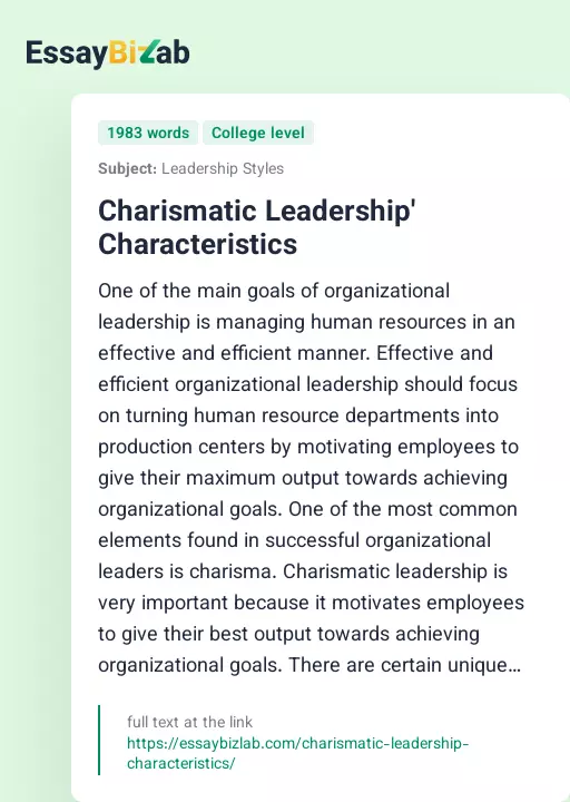 Charismatic Leadership' Characteristics - Essay Preview