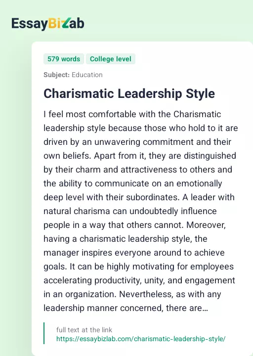 Charismatic Leadership Style - Essay Preview