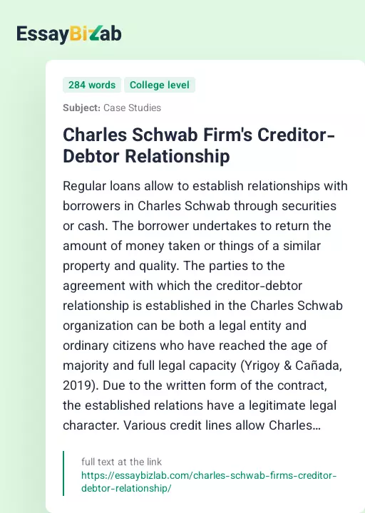 Charles Schwab Firm's Creditor-Debtor Relationship - Essay Preview