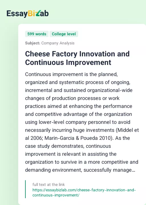 Cheese Factory Innovation and Continuous Improvement - Essay Preview