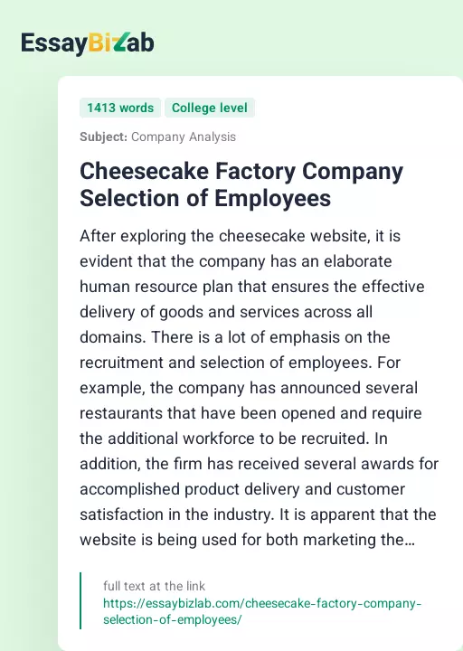 Cheesecake Factory Company Selection of Employees - Essay Preview