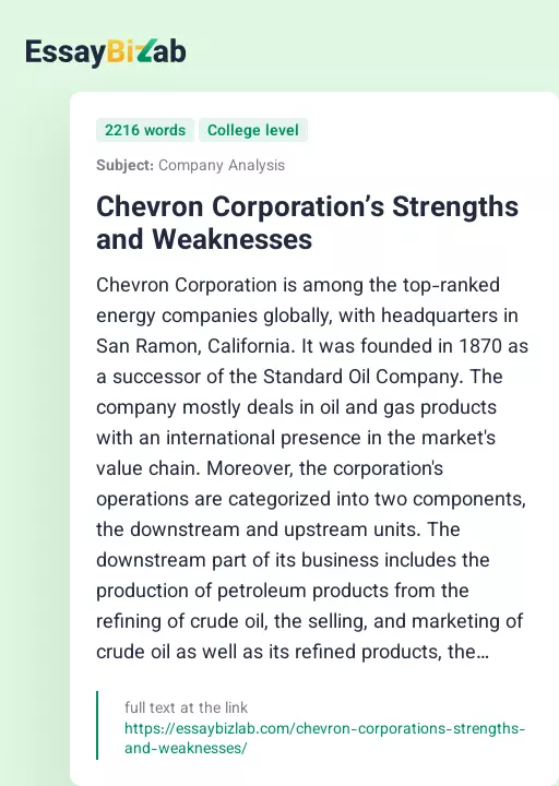 Chevron Corporation’s Strengths and Weaknesses - Essay Preview