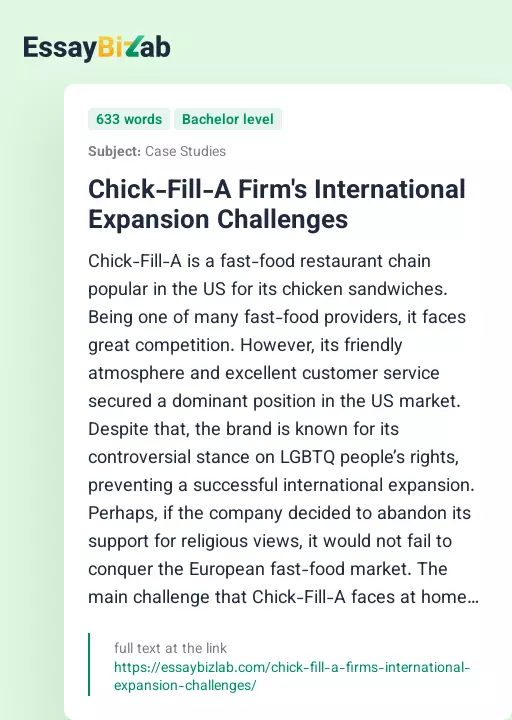 Chick-Fill-A Firm's International Expansion Challenges - Essay Preview