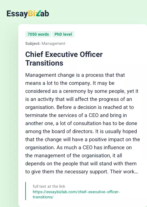 Chief Executive Officer Transitions - Essay Preview