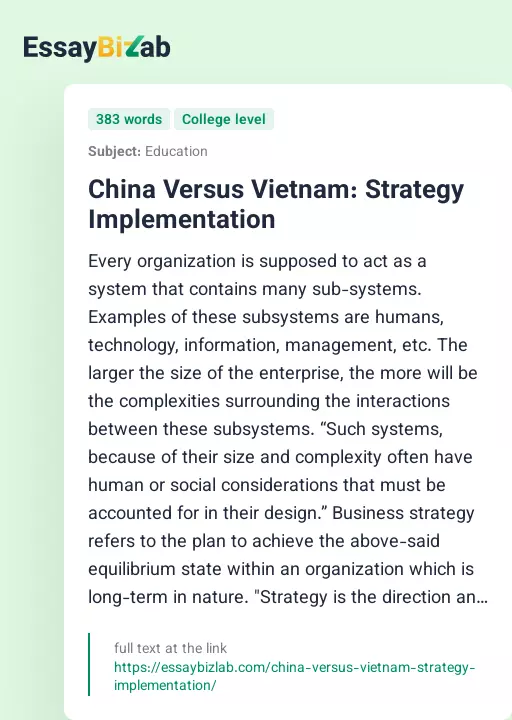 China Versus Vietnam: Strategy Implementation - Essay Preview