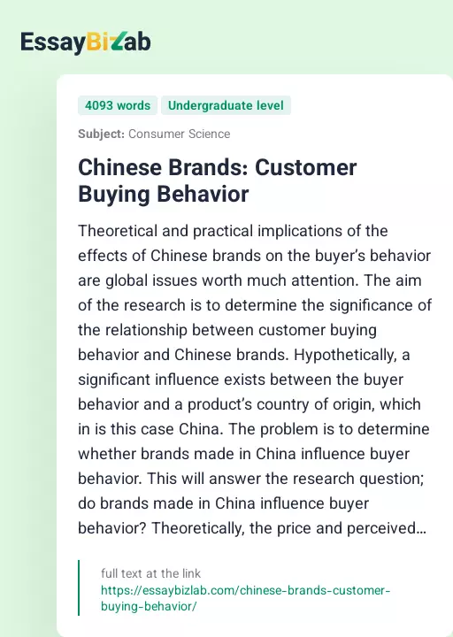 Chinese Brands: Customer Buying Behavior - Essay Preview
