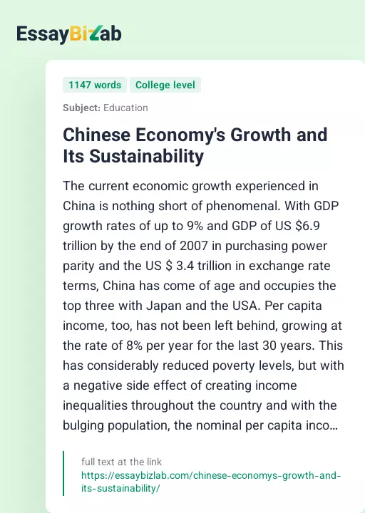 Chinese Economy's Growth and Its Sustainability - Essay Preview