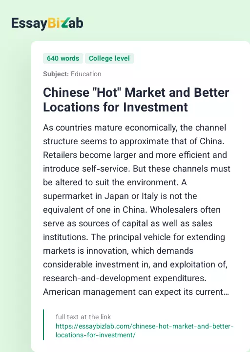 Chinese "Hot" Market and Better Locations for Investment - Essay Preview