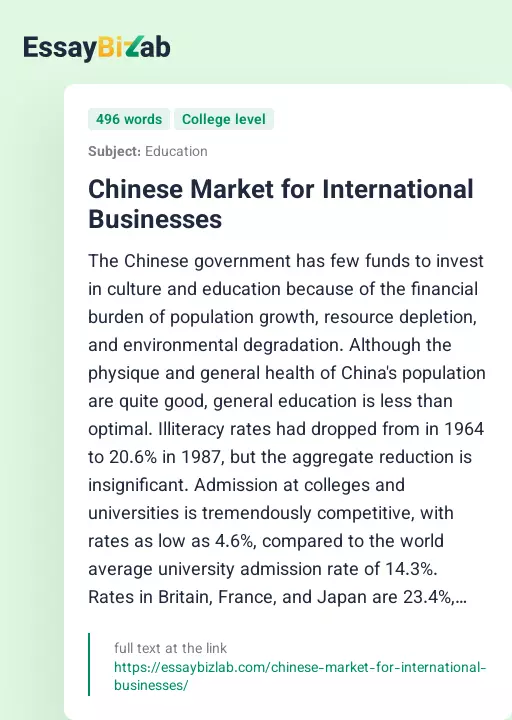 Chinese Market for International Businesses - Essay Preview