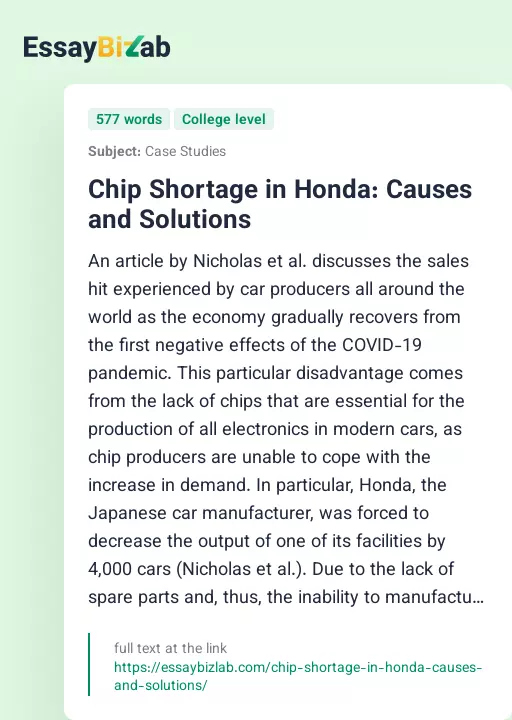 Chip Shortage in Honda: Causes and Solutions - Essay Preview