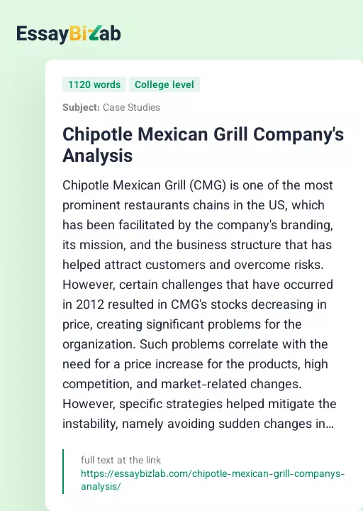 Chipotle Mexican Grill Company's Analysis - Essay Preview