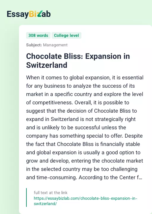 Chocolate Bliss: Expansion in Switzerland - Essay Preview