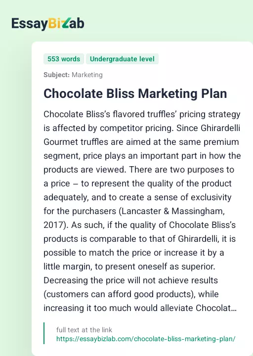 Chocolate Bliss Marketing Plan - Essay Preview