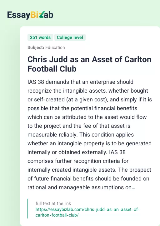 Chris Judd as an Asset of Carlton Football Club - Essay Preview
