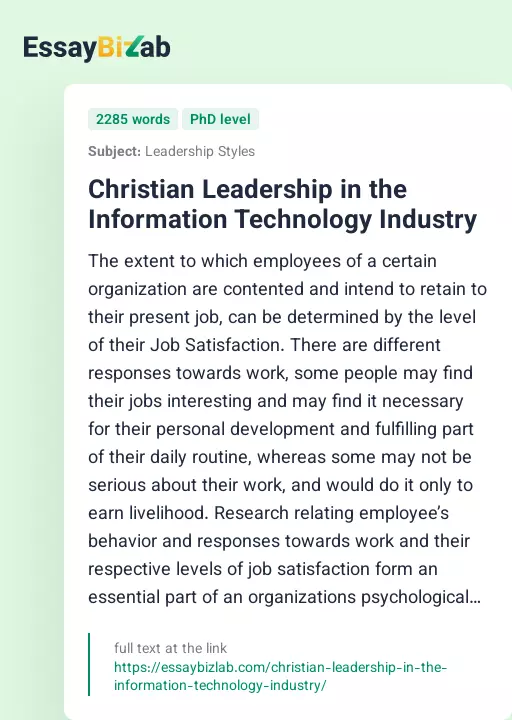 Christian Leadership in the Information Technology Industry - Essay Preview