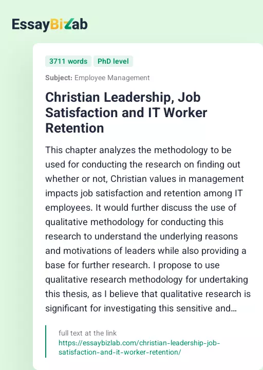 Christian Leadership, Job Satisfaction and IT Worker Retention - Essay Preview