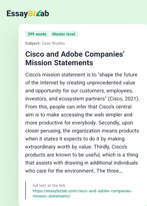 Cisco and Adobe Companies’ Mission Statements - Essay Preview
