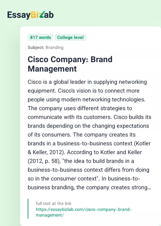 Cisco Company: Brand Management - Essay Preview