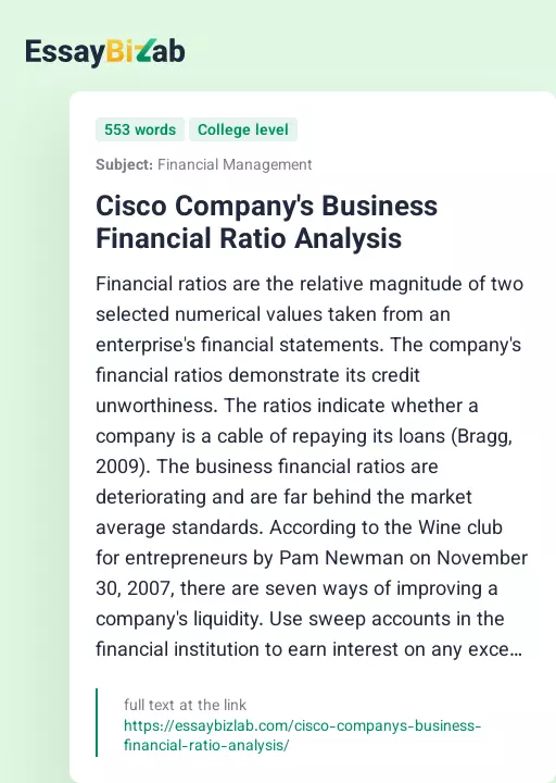 Cisco Company's Business Financial Ratio Analysis - Essay Preview