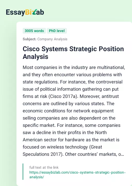 Cisco Systems Strategic Position Analysis - Essay Preview