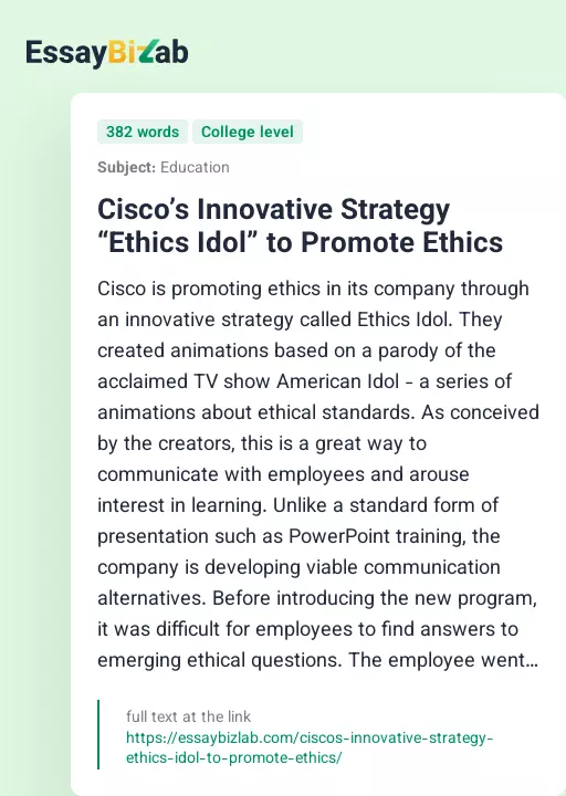 Cisco’s Innovative Strategy “Ethics Idol” to Promote Ethics - Essay Preview