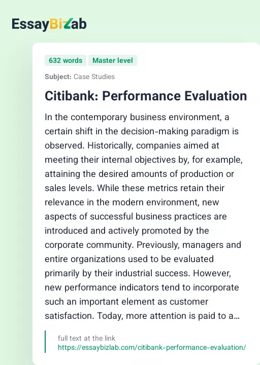 Citibank: Performance Evaluation - Essay Preview