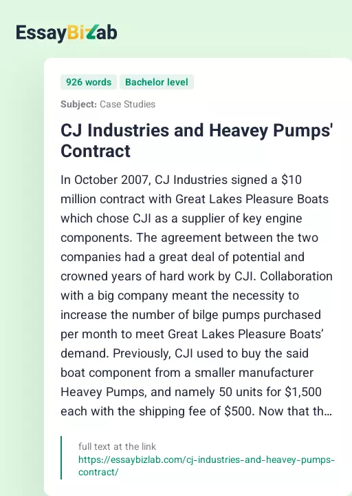 CJ Industries and Heavey Pumps' Contract - Essay Preview