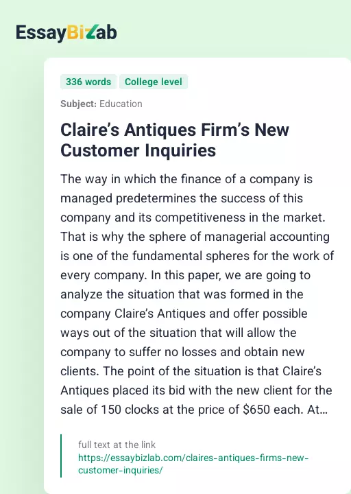 Claire’s Antiques Firm’s New Customer Inquiries - Essay Preview