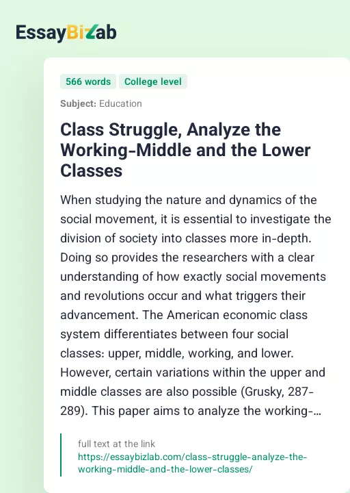 Class Struggle, Analyze the Working-Middle and the Lower Classes - Essay Preview