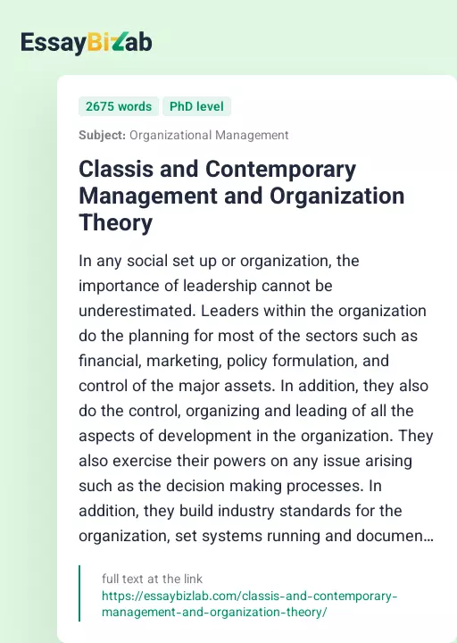 Classis and Contemporary Management and Organization Theory - Essay Preview