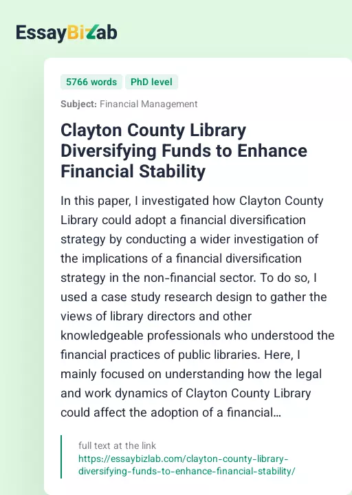 Clayton County Library Diversifying Funds to Enhance Financial Stability - Essay Preview