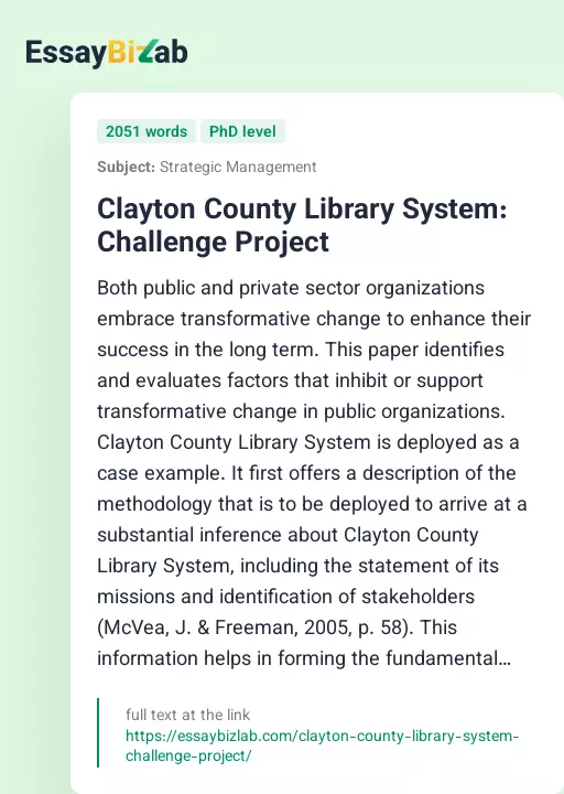 Clayton County Library System: Challenge Project - Essay Preview