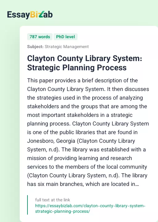 Clayton County Library System: Strategic Planning Process - Essay Preview