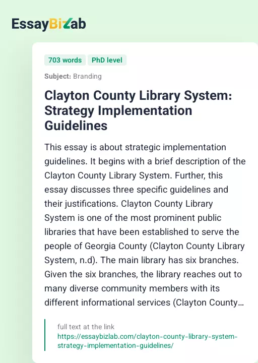Clayton County Library System: Strategy Implementation Guidelines - Essay Preview