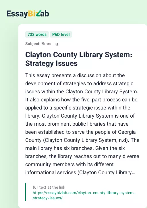 Clayton County Library System: Strategy Issues - Essay Preview