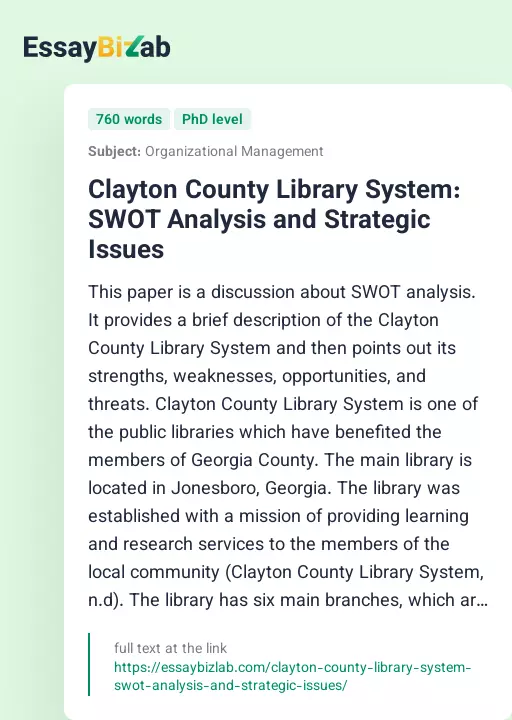 Clayton County Library System: SWOT Analysis and Strategic Issues - Essay Preview