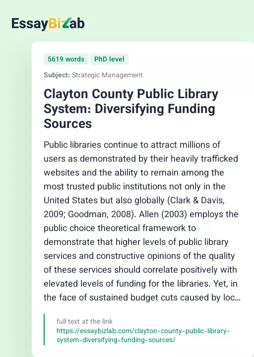 Clayton County Public Library System: Diversifying Funding Sources - Essay Preview