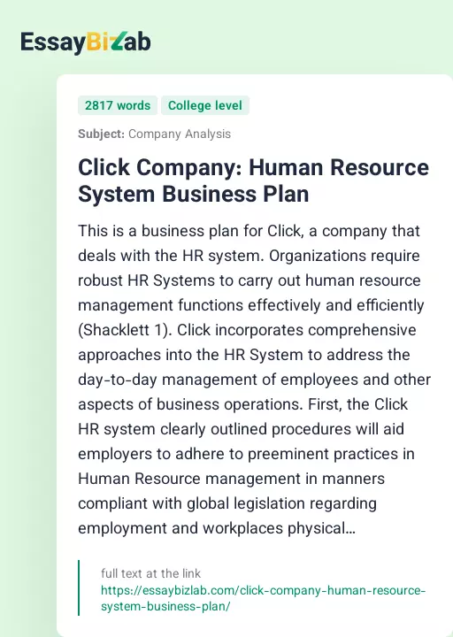 Click Company: Human Resource System Business Plan - Essay Preview
