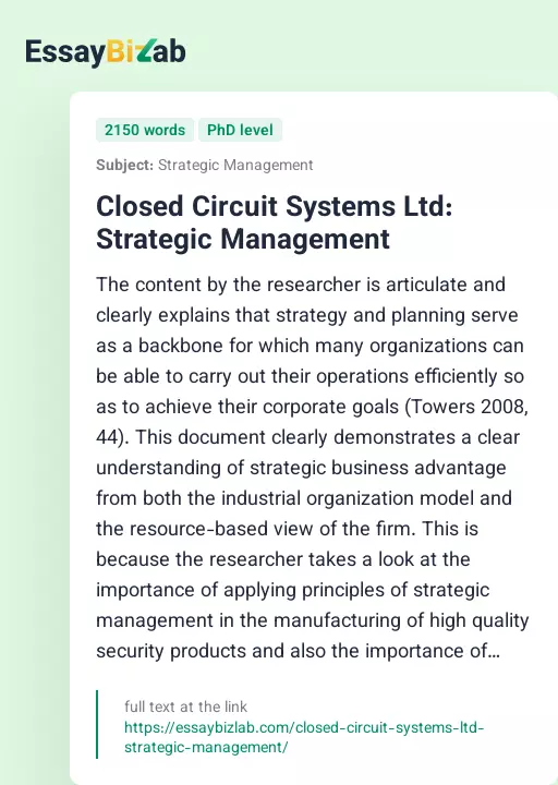 Closed Circuit Systems Ltd: Strategic Management - Essay Preview