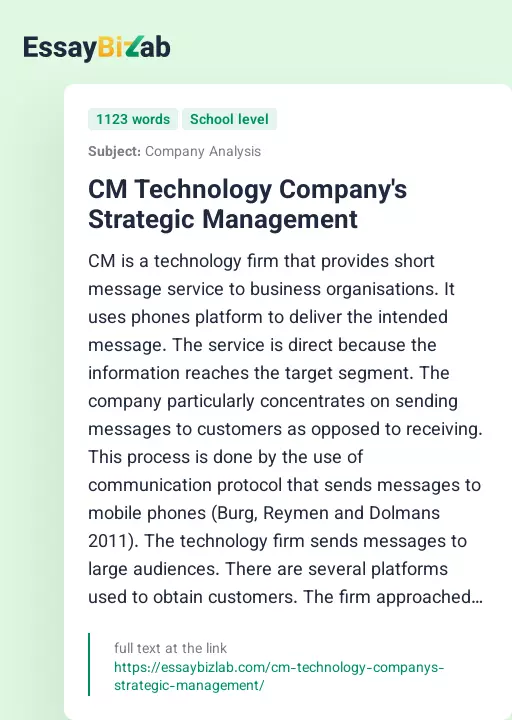 CM Technology Company's Strategic Management - Essay Preview