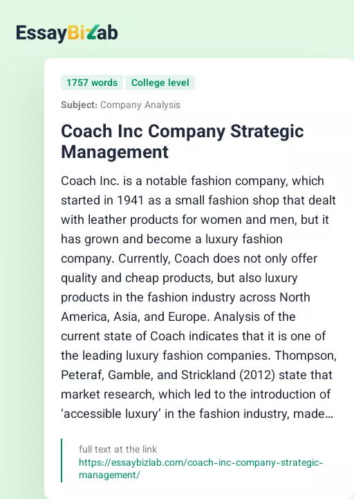 Coach Inc Company Strategic Management - Essay Preview