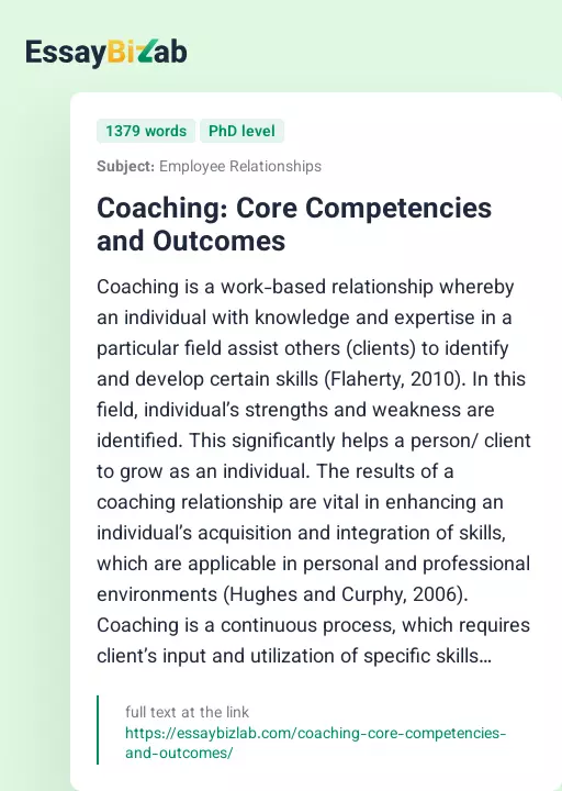 Coaching: Core Competencies and Outcomes - Essay Preview