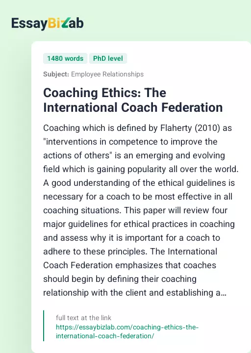 Coaching Ethics: The International Coach Federation - Essay Preview