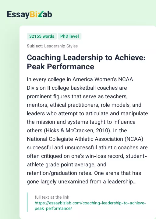 Coaching Leadership to Achieve: Peak Performance - Essay Preview