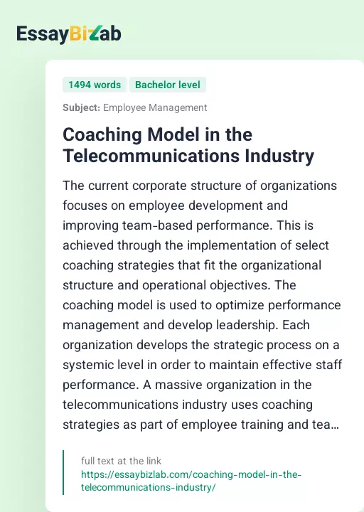 Coaching Model in the Telecommunications Industry - Essay Preview
