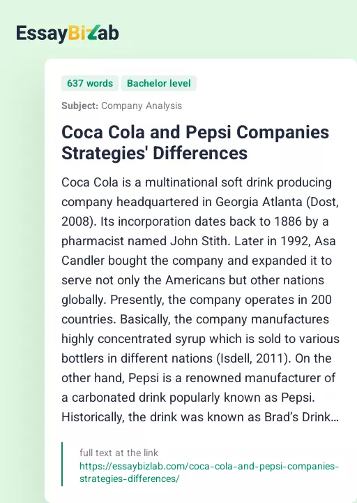 Coca Cola and Pepsi Companies Strategies' Differences - Essay Preview