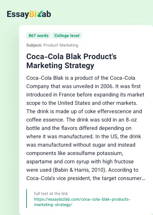 Coca-Cola Blak Product's Marketing Strategy - Essay Preview